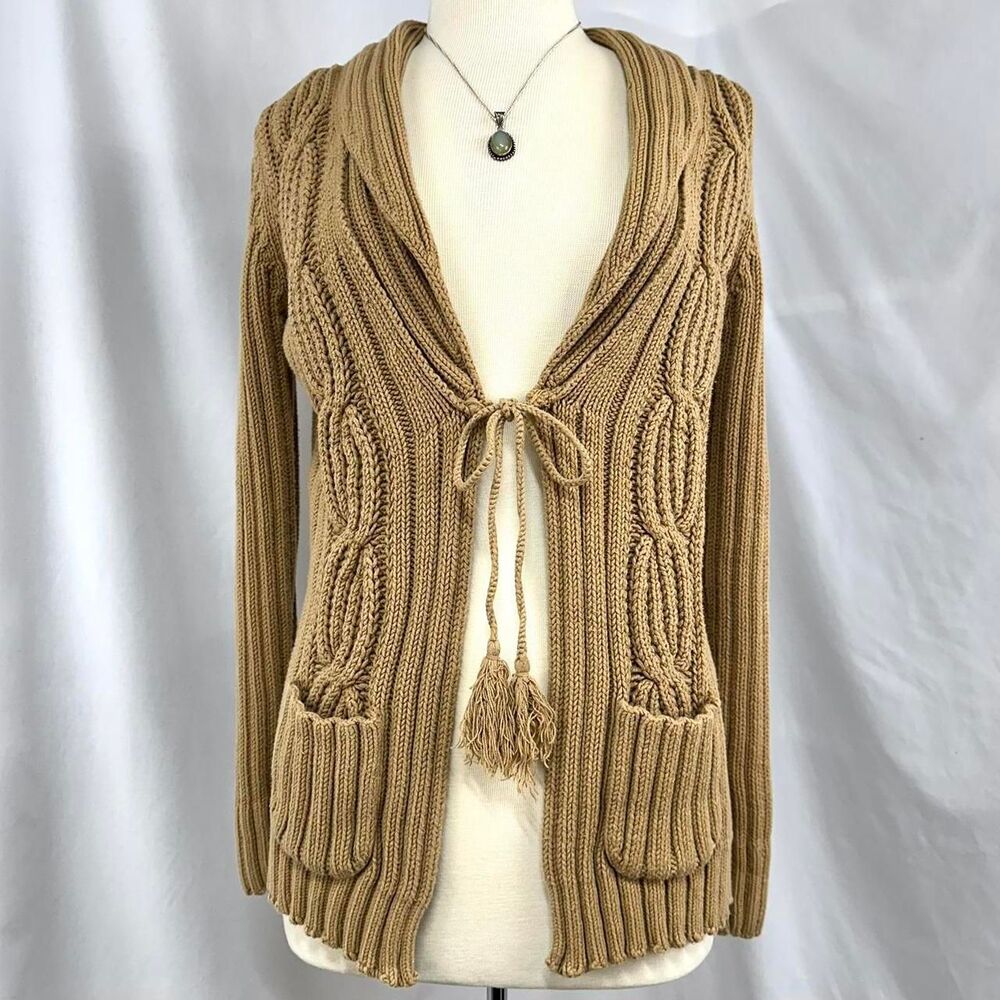 MAX STUDIO Tan Cable Knit Tie Front Cardigan Tassels Womens S Pockets Cabin Soft